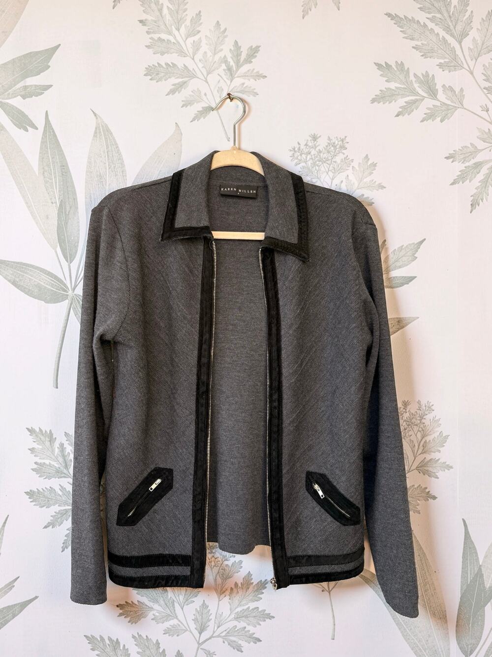 Karen Millen Womens 2 Wool Cardigan Jacket Leather Trim Zip Front Gray Black